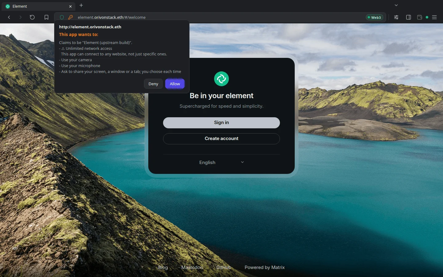 Element's question: unlimited network access, camera, microphone and screen sharing, with Deny and Allow