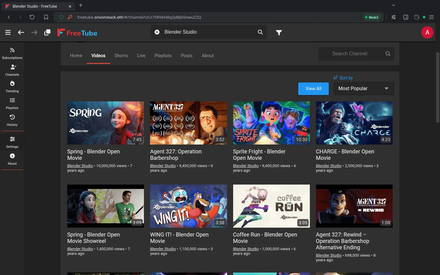 FreeTube running in an Orivon tab at freetube.orivonstack.eth, with a Web3 mark in the address bar