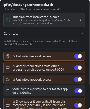 The Permissions panel for thelounge.orivonstack.eth, with a switch beside each permission